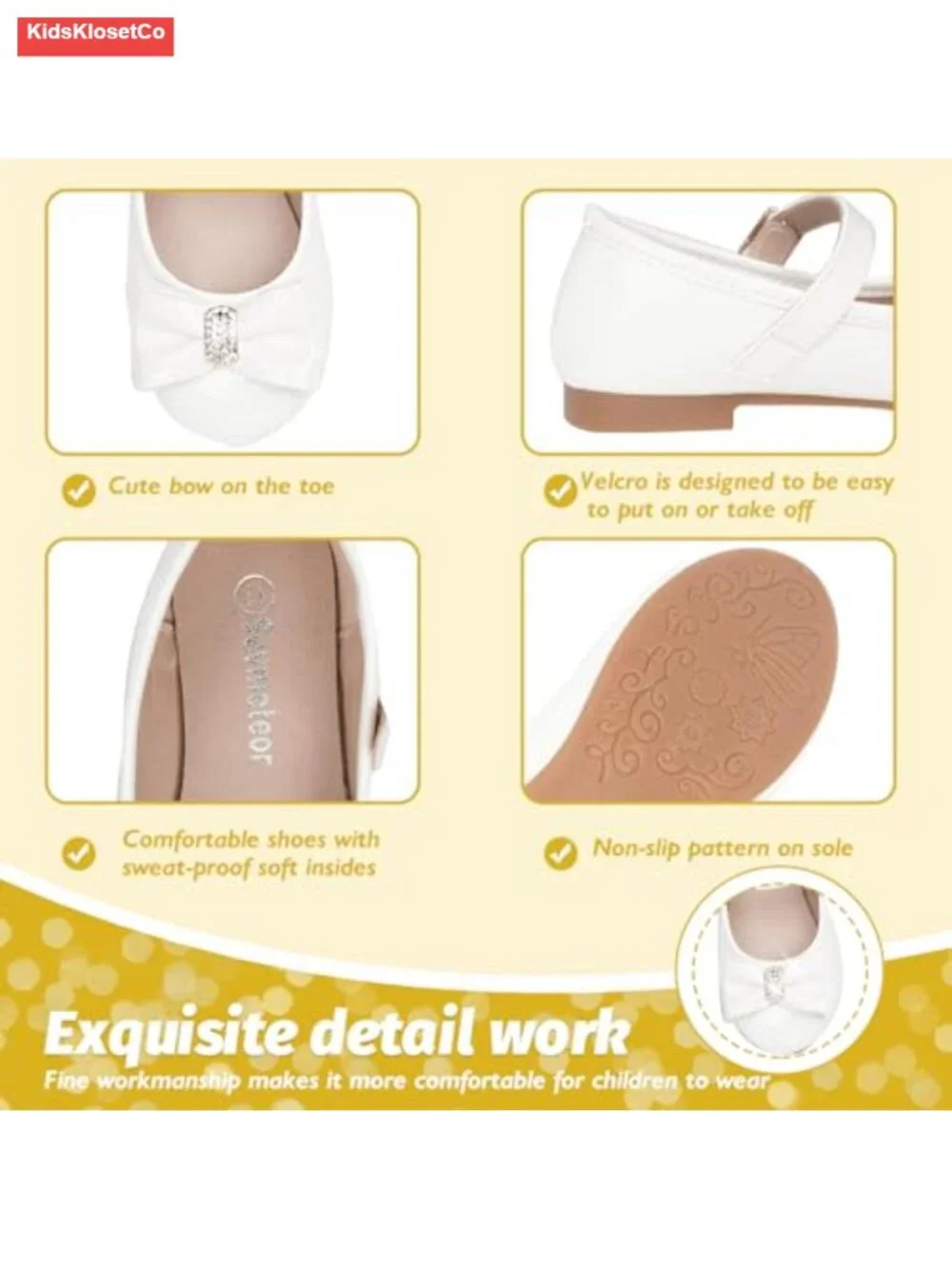 Toddler Girls Mary Jane Flats with Bow, Glitter & Sequin, Hook & Loop Closure,